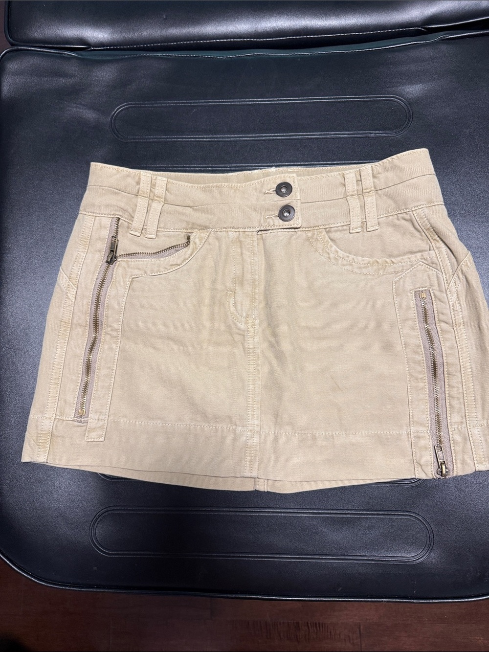 Beige Cotton Blend Mini Skirt with Zipper Details